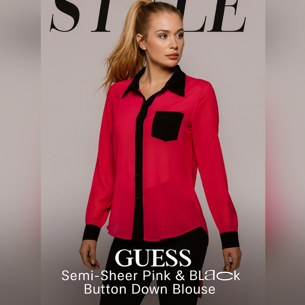GUESS Semi Sheer Fushia Pink/Black Button-Up Blouse EUC SZ Med